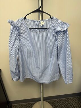 J. Crew Blue and White Striped Ruffle Shoulder Top